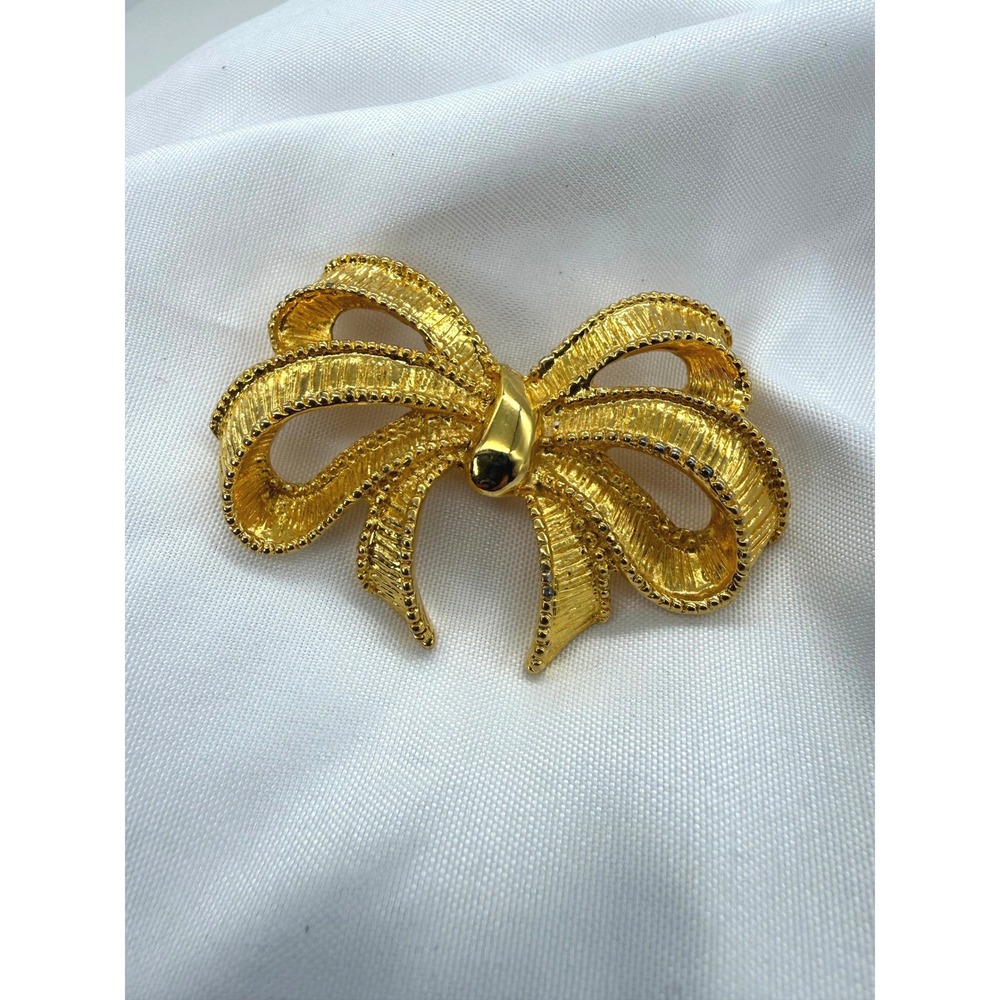 Vintage Gold Tone Double Ribbon Bow Brooch Pin Statement Jewelry Gift Accessory